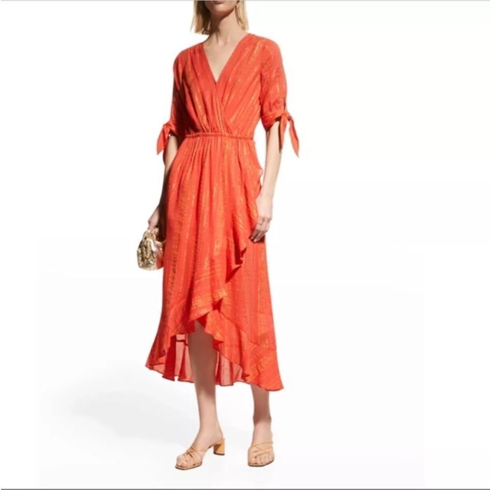 MICHAEL KORS METALLIC CREPE WRAP MAXI DRESS IN ORANGE‎